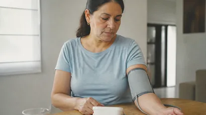 Tensiómetro y cuaderno con el registro de tomas de presión arterial en casa