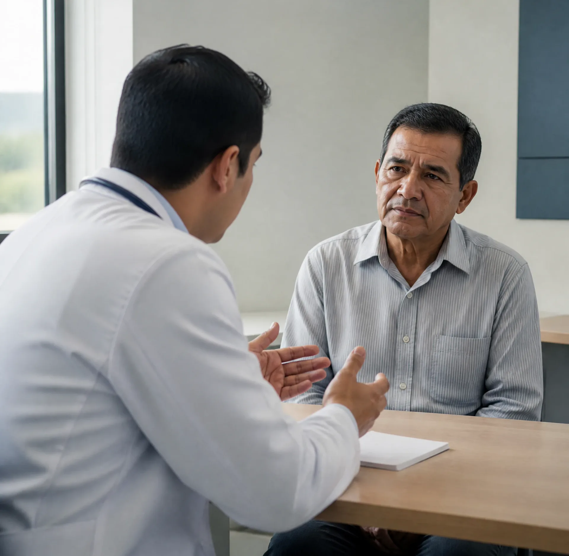 Cardiólogo explicando el tratamiento anticoagulante a un paciente con fibrilación auricular