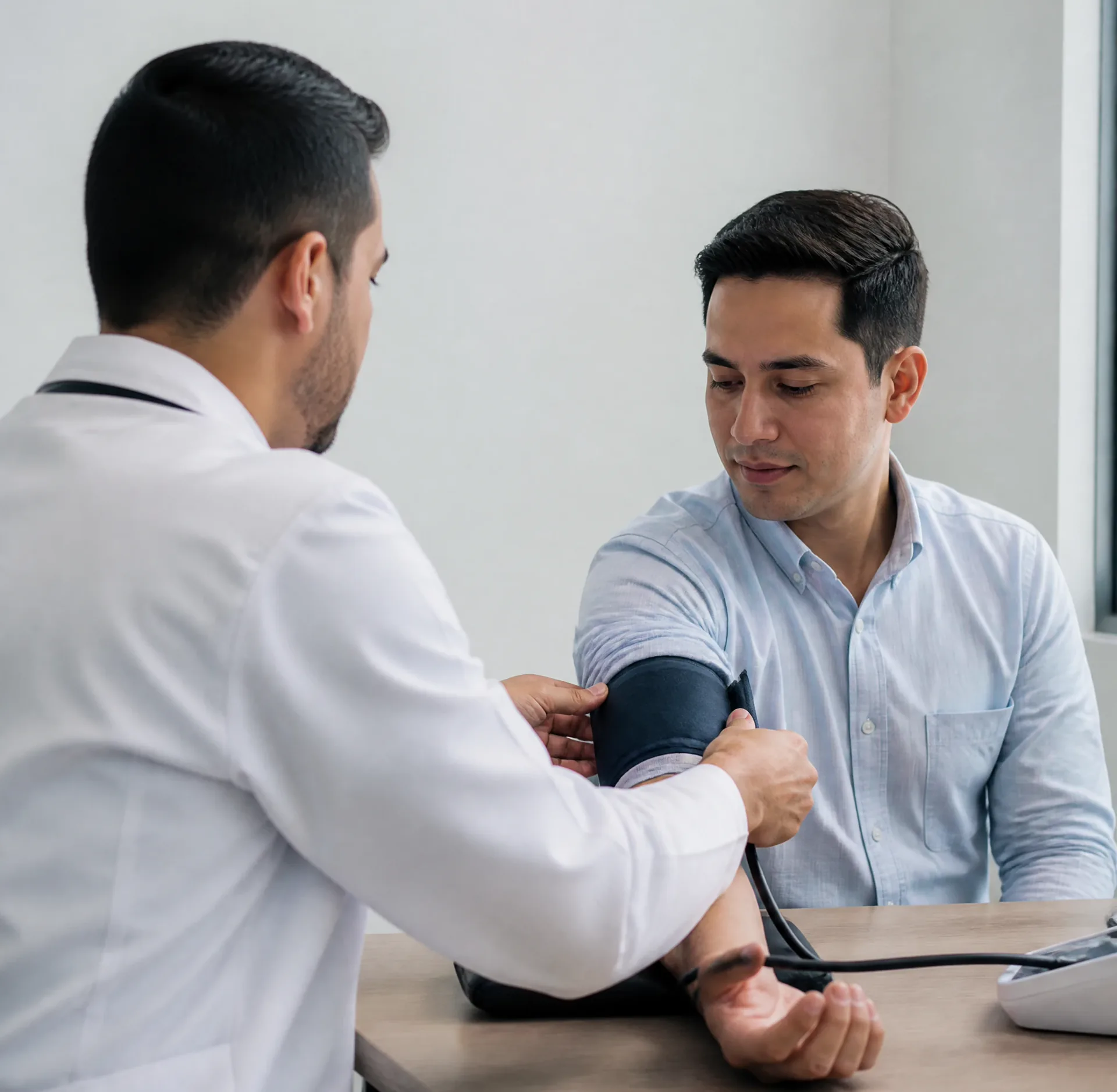 Cardióloga tomando la presión arterial a un paciente en consulta